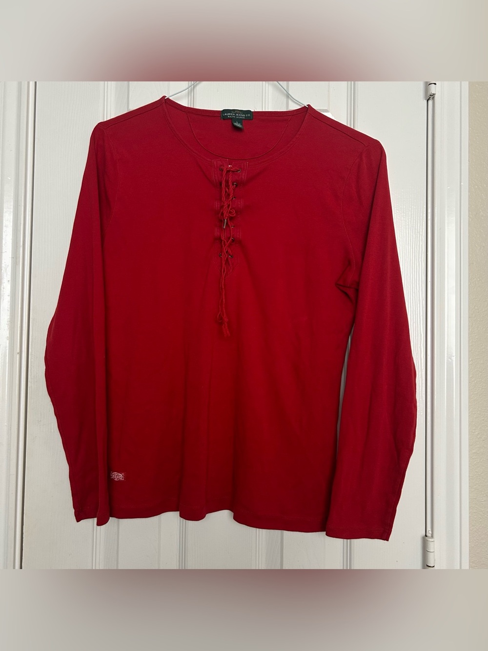 LRL Lauren Jeans Co Shirt Womens Large Red Lace Up Long Sleeve Crewneck Casual